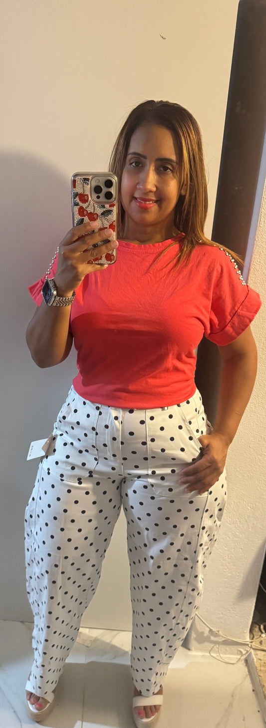 Top Básico con Tachuelas en el Hombro | Azul Marino, Rojo Suave & Crema | Italian One Size
