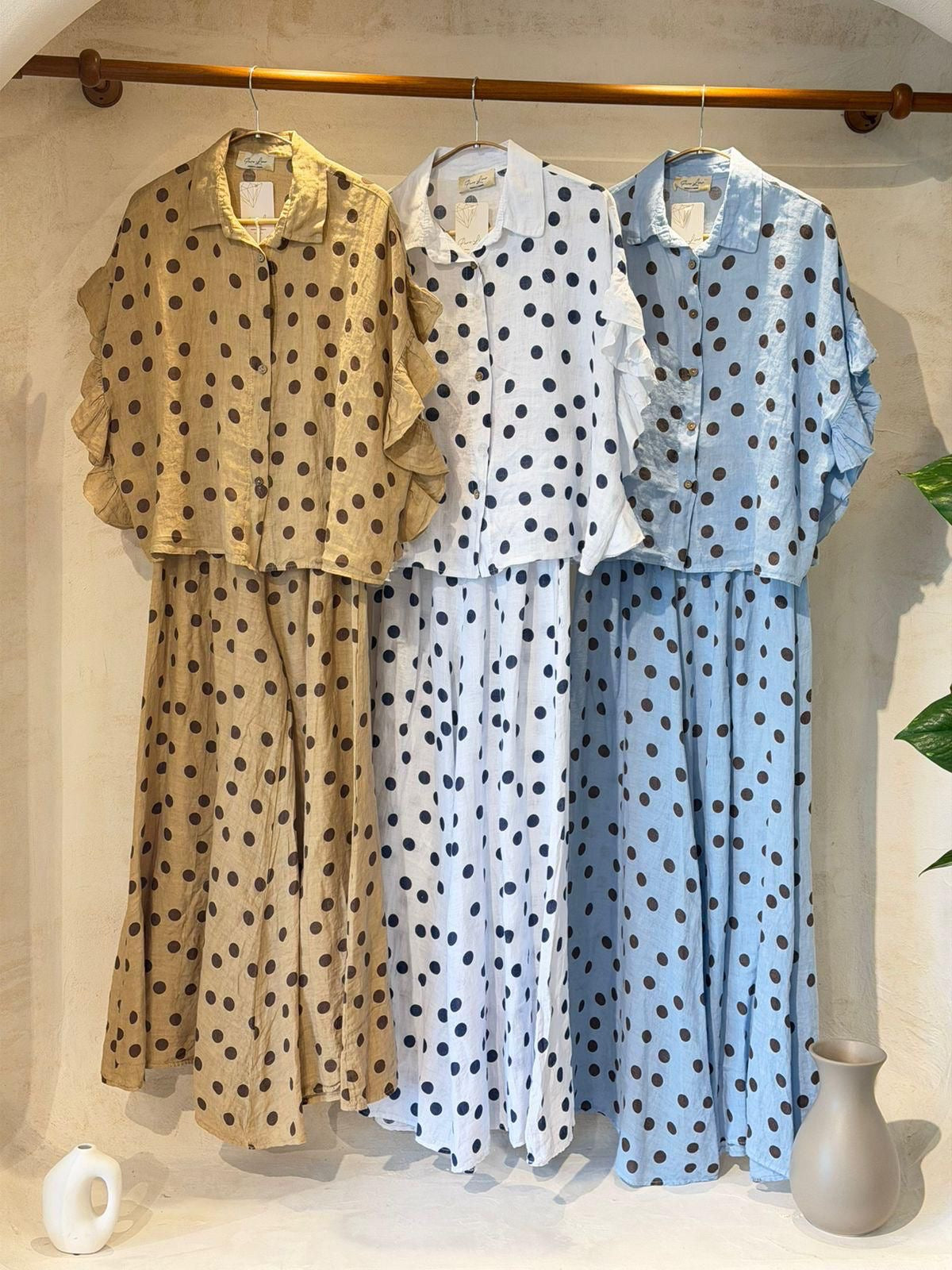 Polka dots Linen Set – Palazzo & Short Sleeve Button Shirt