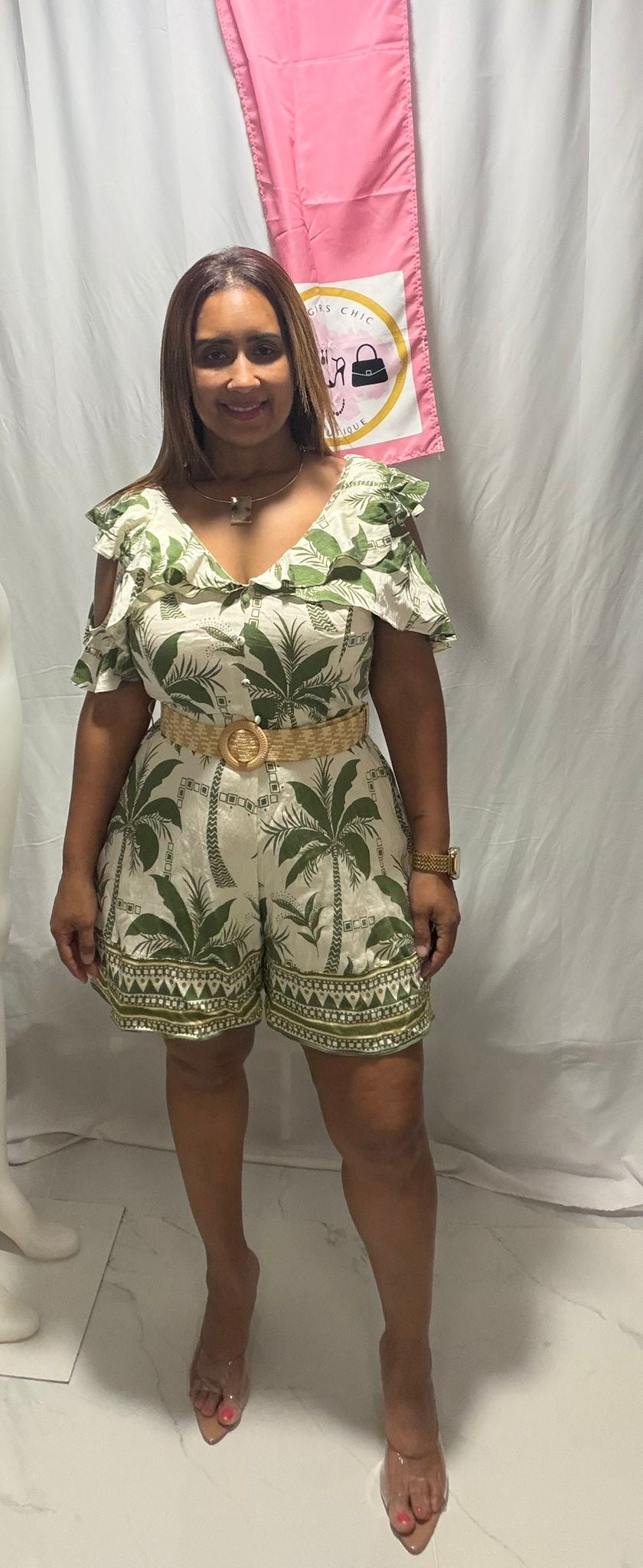 Green palms ruffle romper