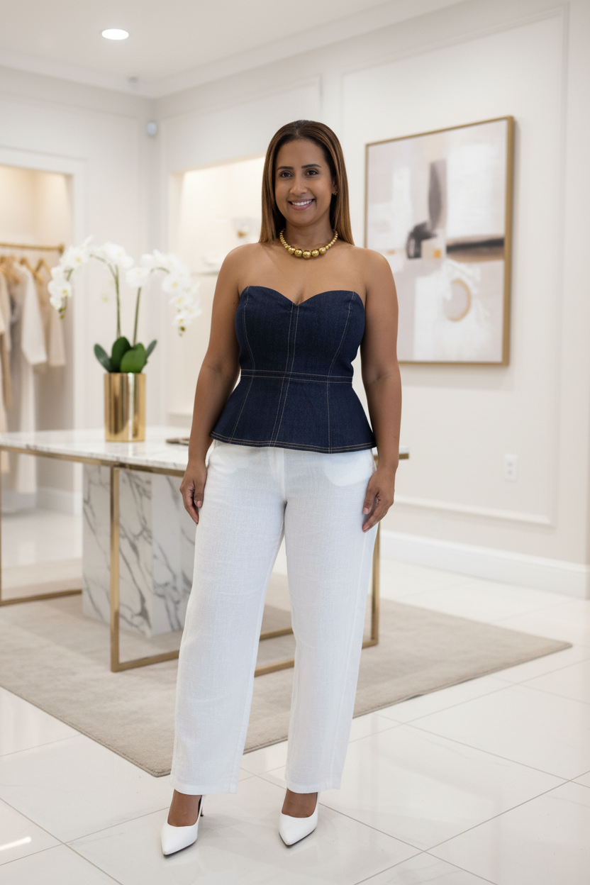 Top Peplum Off Shoulder de Mahón Oscuro con Cierre