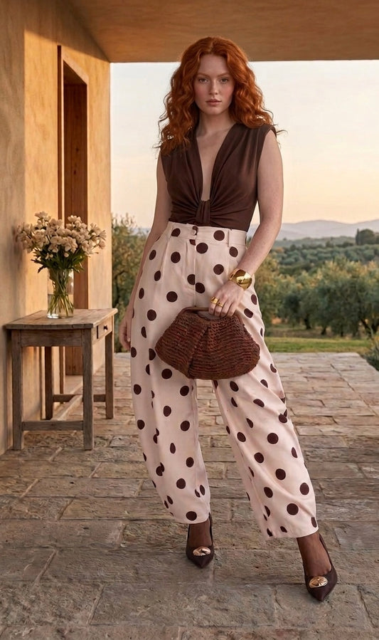 Italian Barrel Leg Trouser – Cream & Brown Polka Dot | One Size