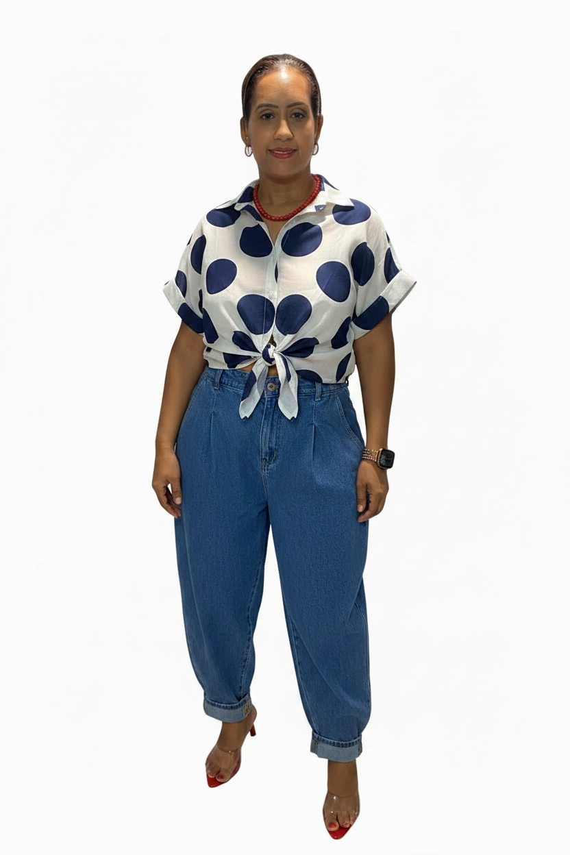 Camisa Polka Dots con Botones y Nudo – Estilo Italiano de Lujo