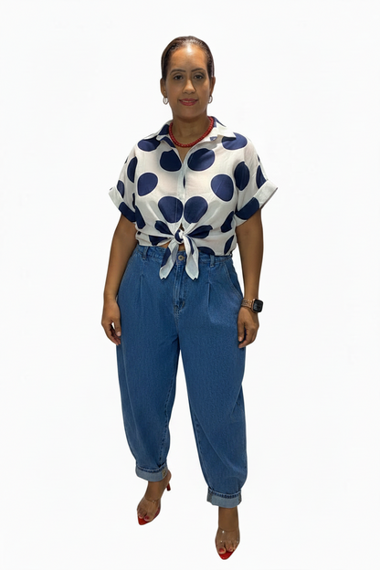 Camisa Polka Dots con Botones y Nudo – Estilo Italiano de Lujo