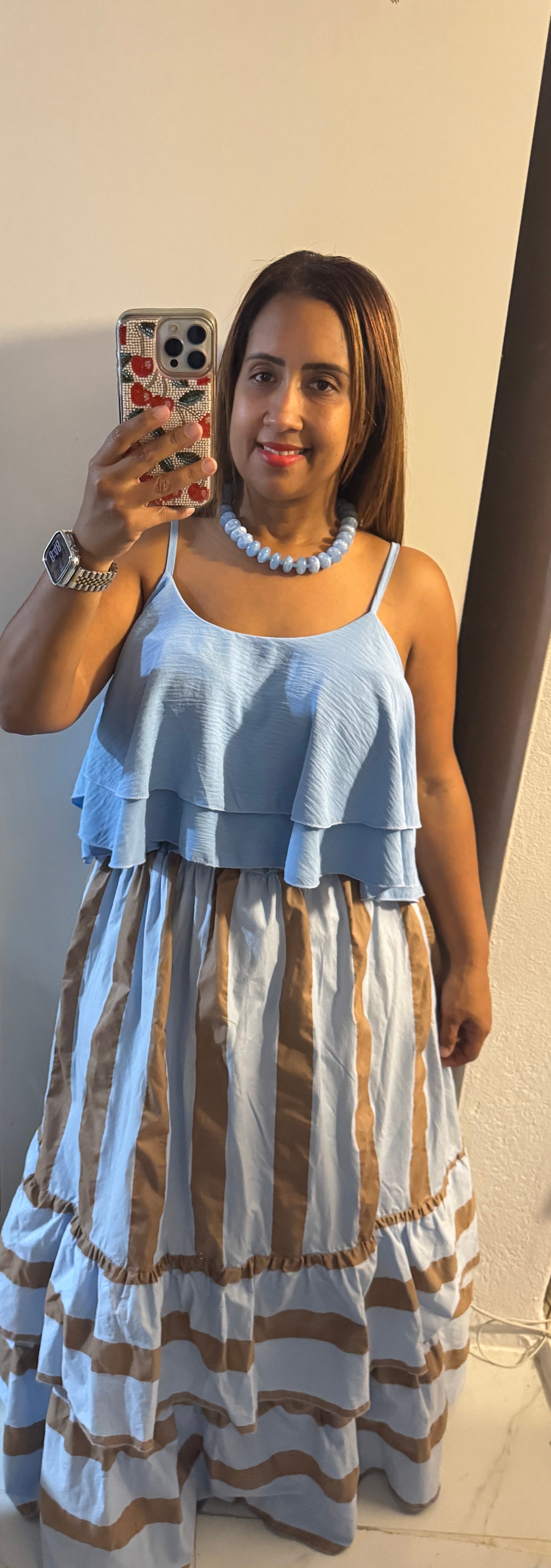 Falda Larga Italiana Baby Blue & Camel | Líneas Verticales, Volante & Correa Trenzada | One Size