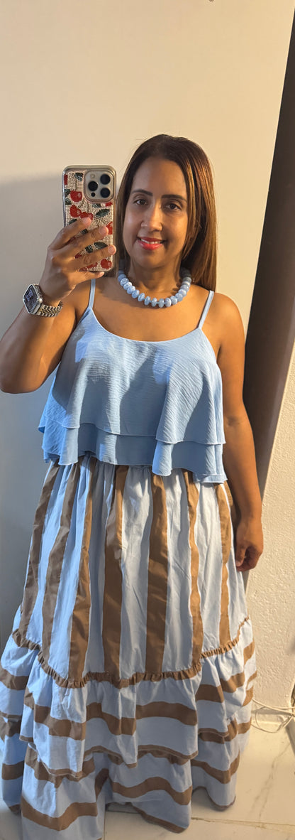 Falda Larga Italiana Baby Blue & Camel | Líneas Verticales, Volante & Correa Trenzada | One Size