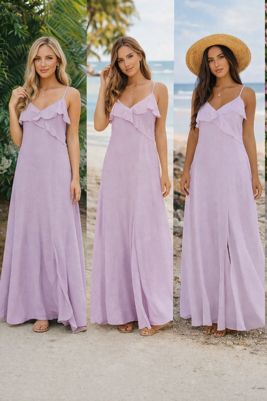 Vestido Italiano en Hilo Lila con Volantes y Detalle de Piedras