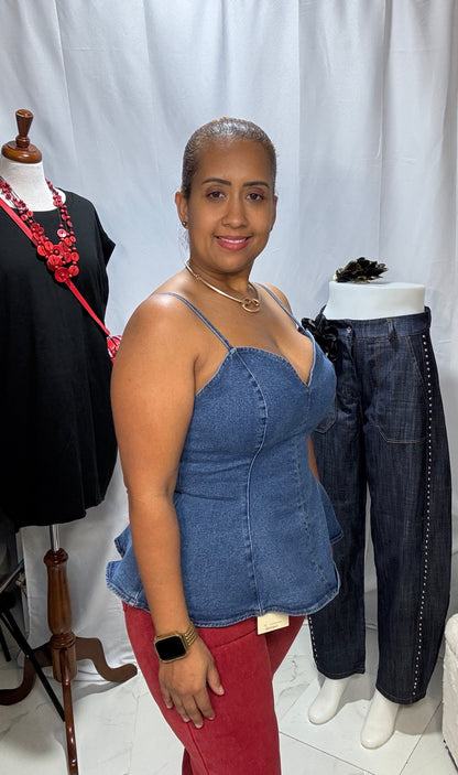 Top Peplum de Mahón Claro con Tirantes Ajustables