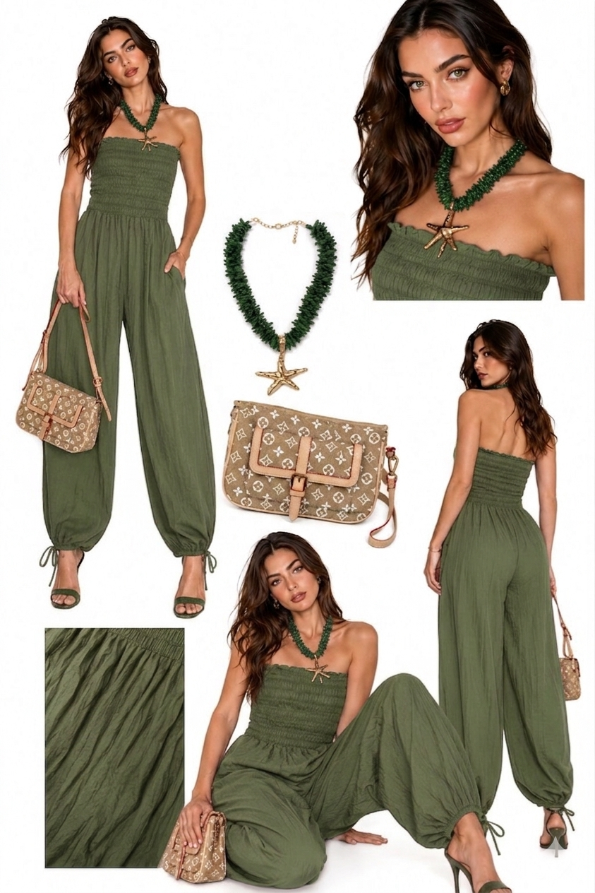Jumpsuit Strapless Verde Monte con Cintitas en el Tobillo