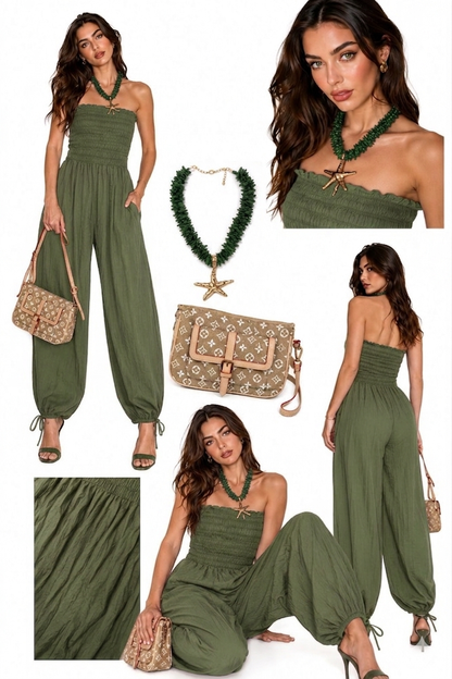 Jumpsuit Strapless Verde Monte con Cintitas en el Tobillo