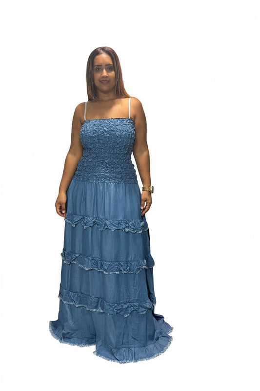 Denim Ruffle Midi Dress – Italian Sizing