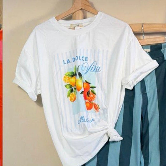White Graphic Tee – Peach & Beach Summer Prints | One Size Italian