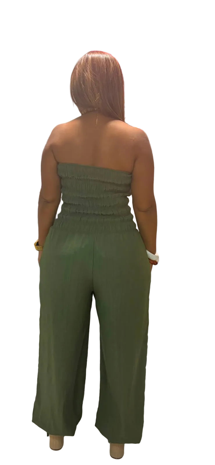 Jumpsuit Strapless Verde Monte con Cintitas en el Tobillo