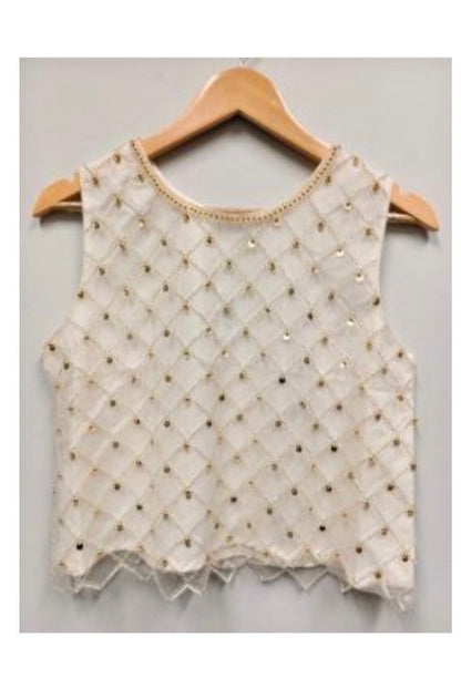 Top Elegante de Lentejuela & Pedrería Dorada — Blanco/Beige con Detalles Gold
