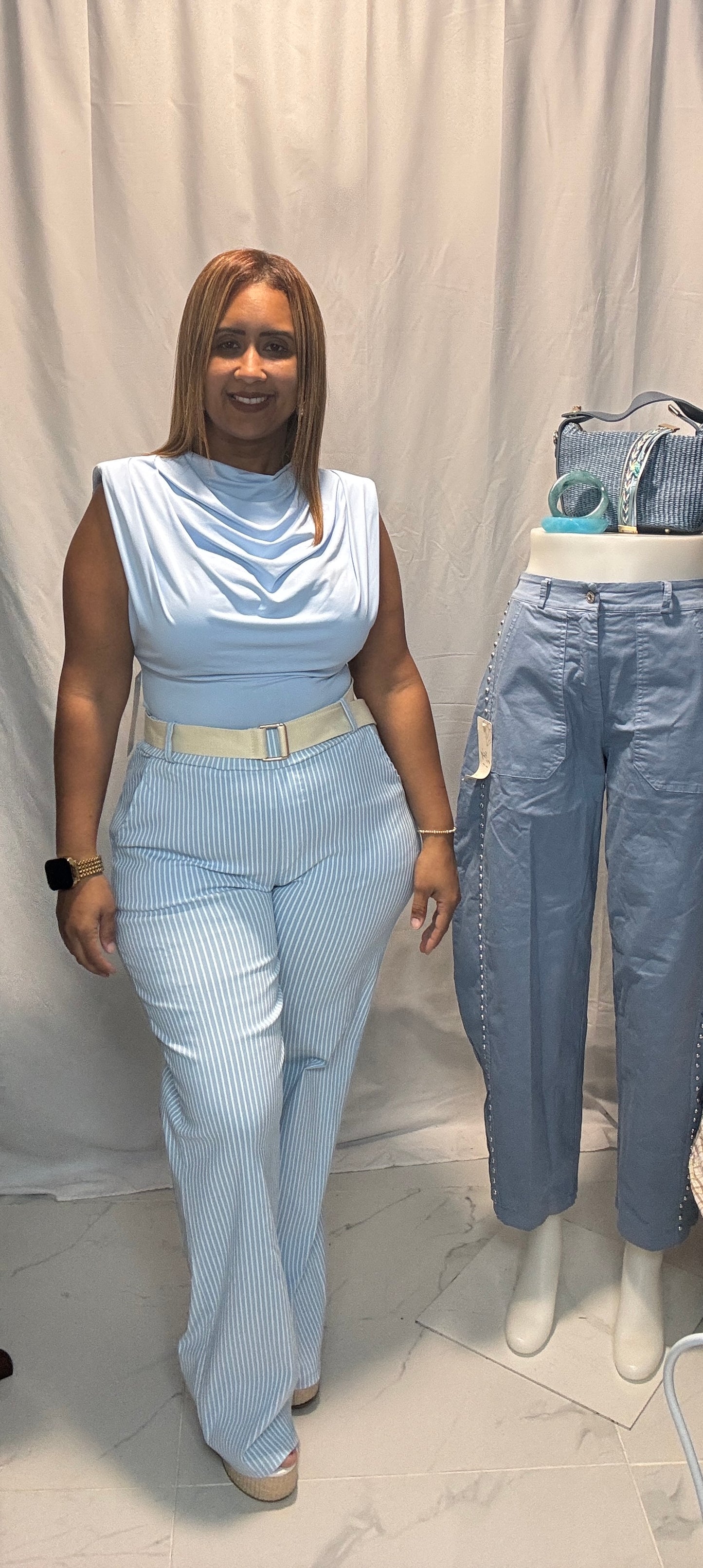 Pantalón Italiano de Rayas Blancas con Correa - One Size