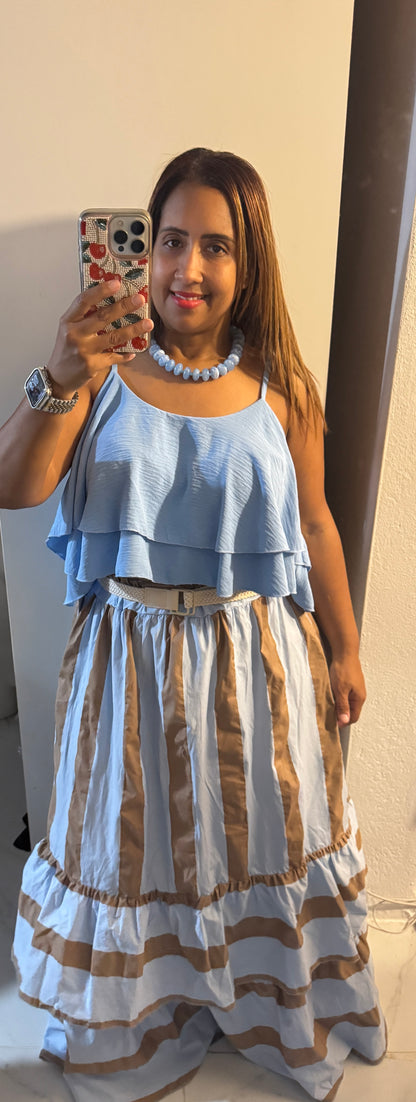 Falda Larga Italiana Baby Blue & Camel | Líneas Verticales, Volante & Correa Trenzada | One Size