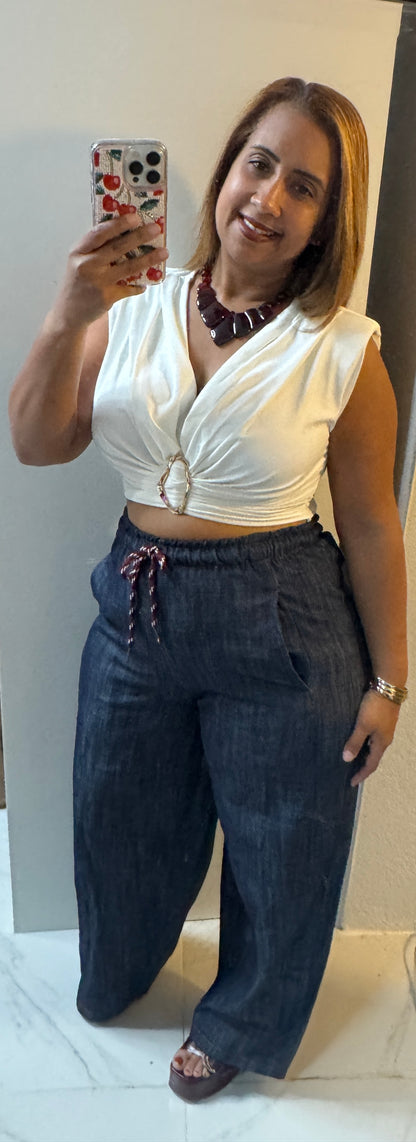 Jean Italiano con Cintura Elástica y Cordones Vino - One Size