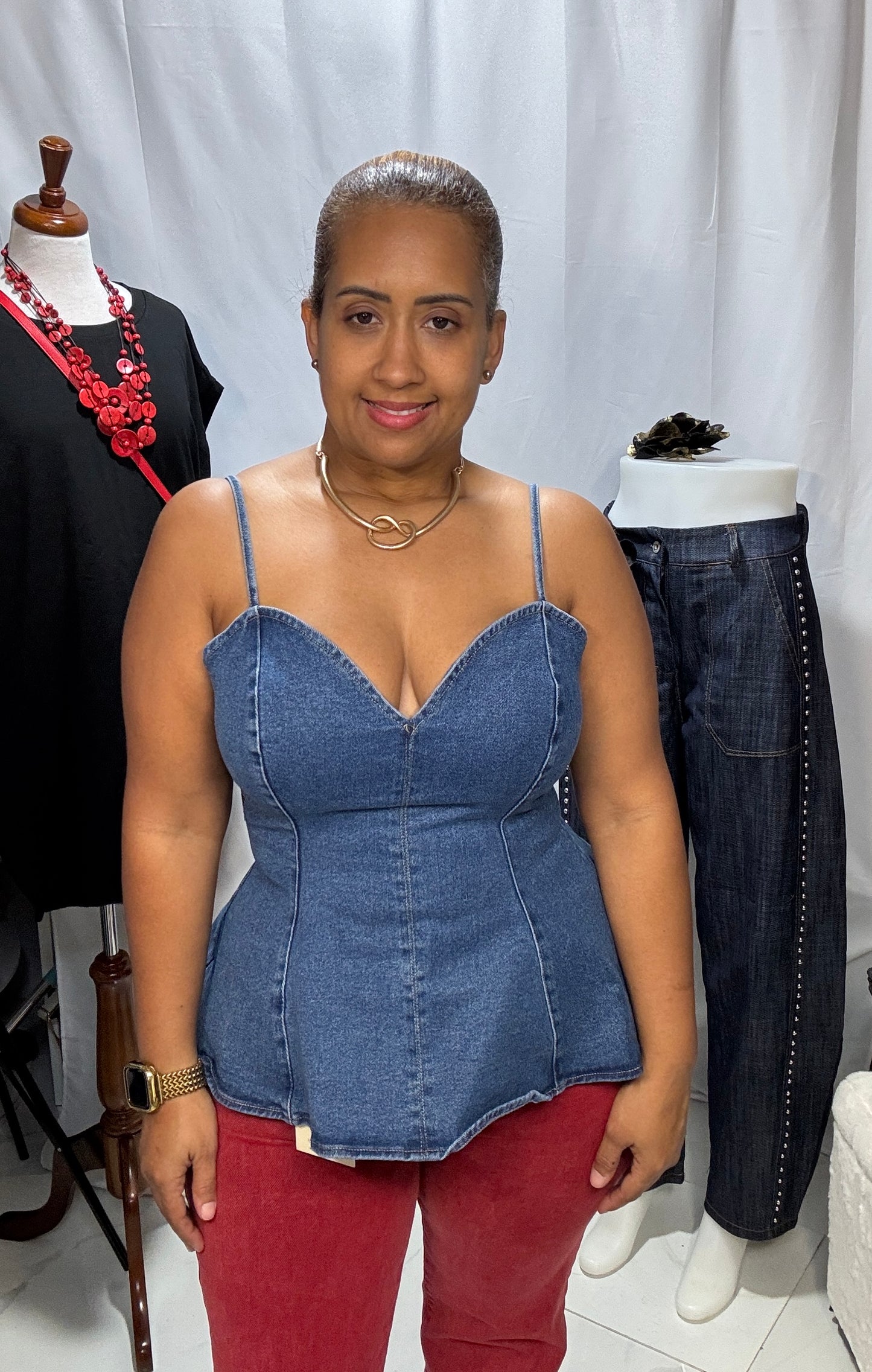 Top Peplum de Mahón Claro con Tirantes Ajustables