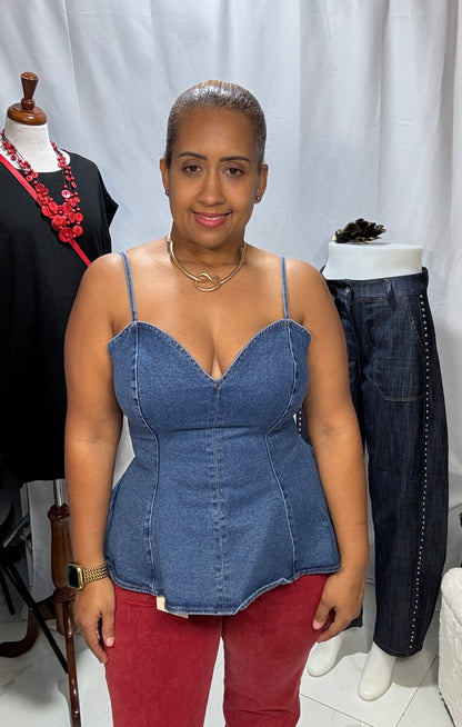 Top Peplum de Mahón Claro con Tirantes Ajustables
