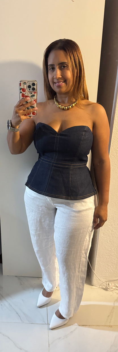 Top Peplum Off Shoulder de Mahón Oscuro con Cierre
