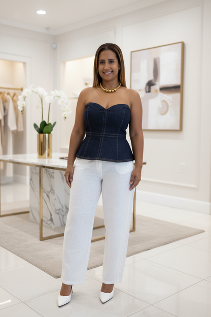 Top Peplum Off Shoulder de Mahón Oscuro con Cierre