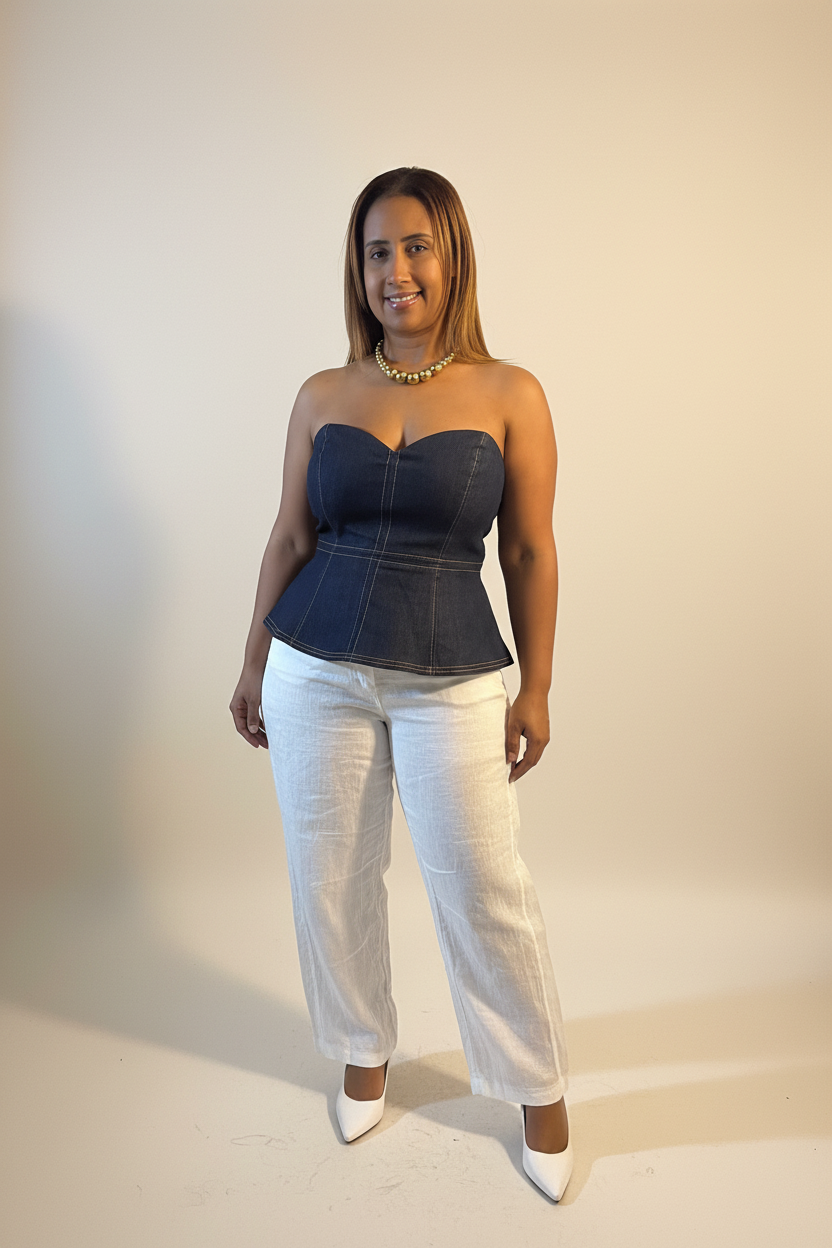 Top Peplum Off Shoulder de Mahón Oscuro con Cierre