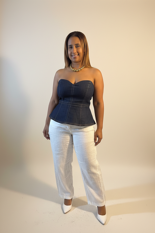 Top Peplum Off Shoulder de Mahón Oscuro con Cierre