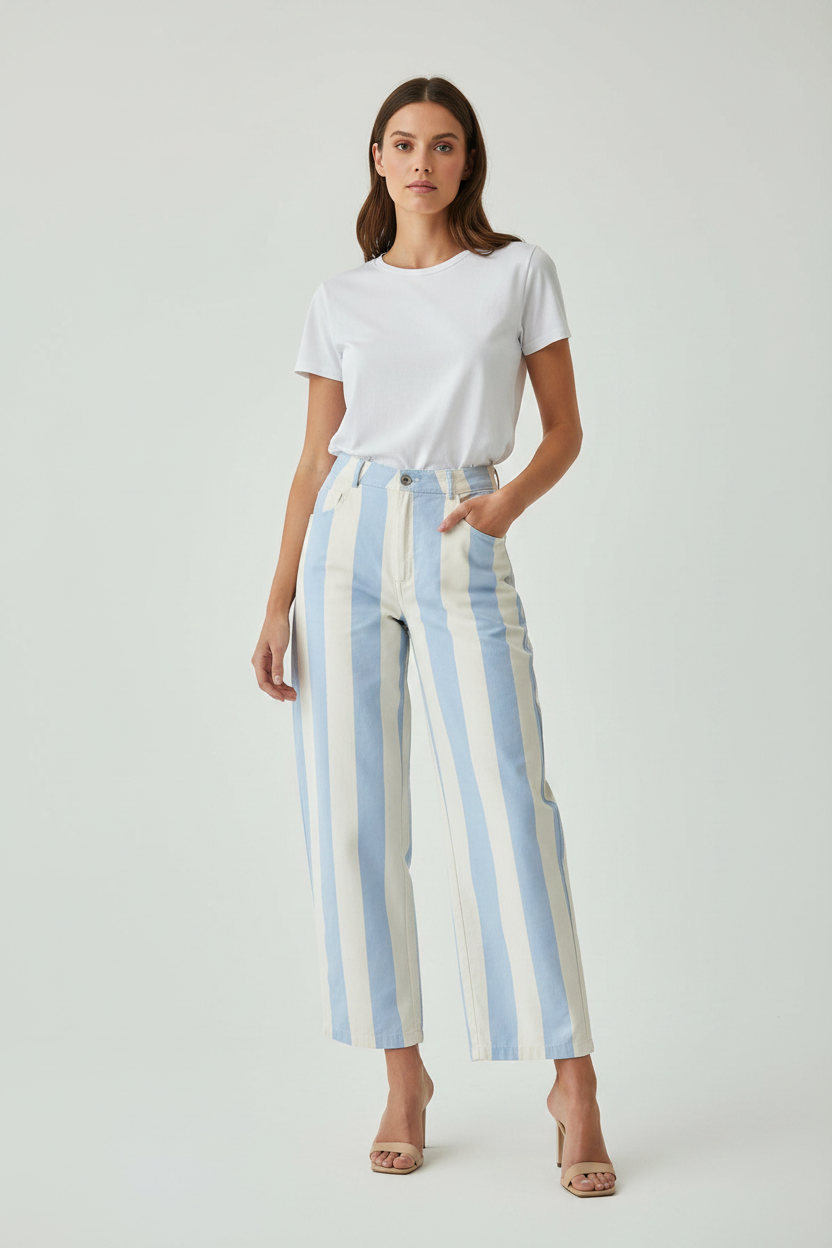 Italian Barrel Pant – White & Baby Blue Stripes