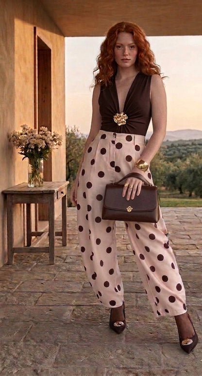 Italian Barrel Leg Trouser – Cream & Brown Polka Dot | One Size