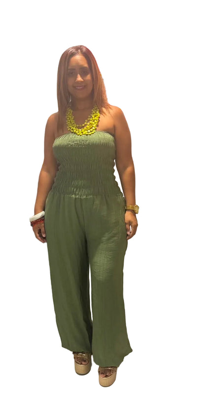 Jumpsuit Strapless Verde Monte con Cintitas en el Tobillo