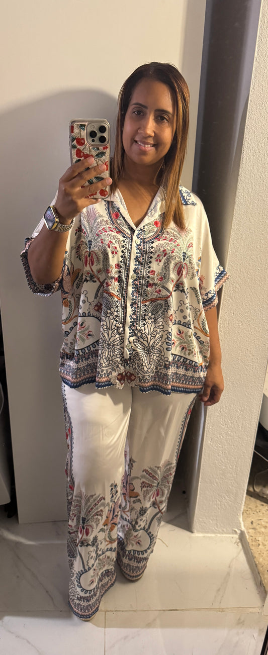 Set Italiano de Seda — Pantalón & Camisa Manga Corta con Print Exclusivo