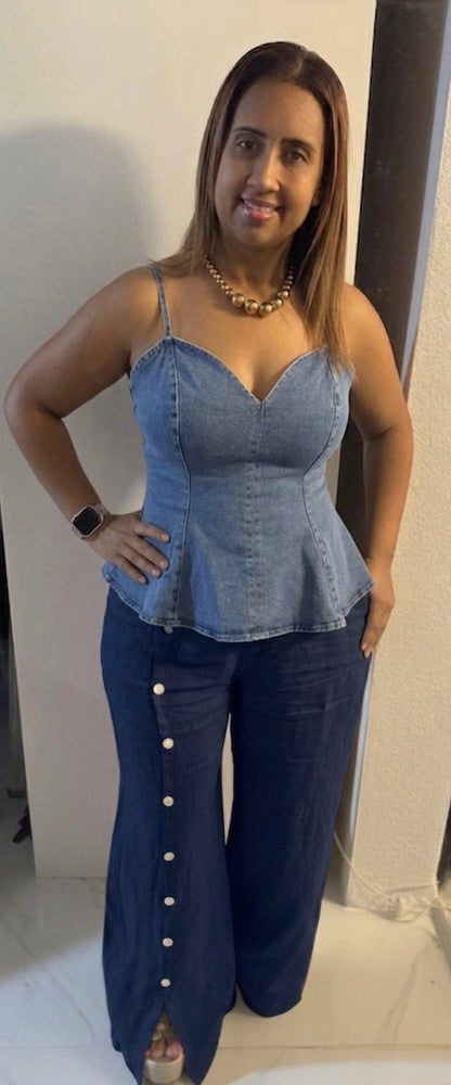 Top Peplum de Mahón Claro con Tirantes Ajustables
