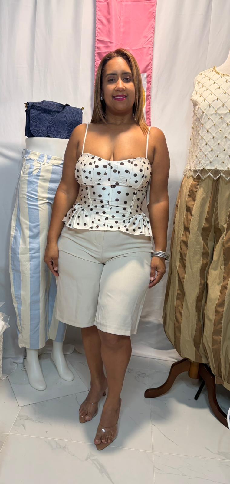 Corset Top Italiano Polka Dot con Copa y Volante | Tela Stretch | One Size
