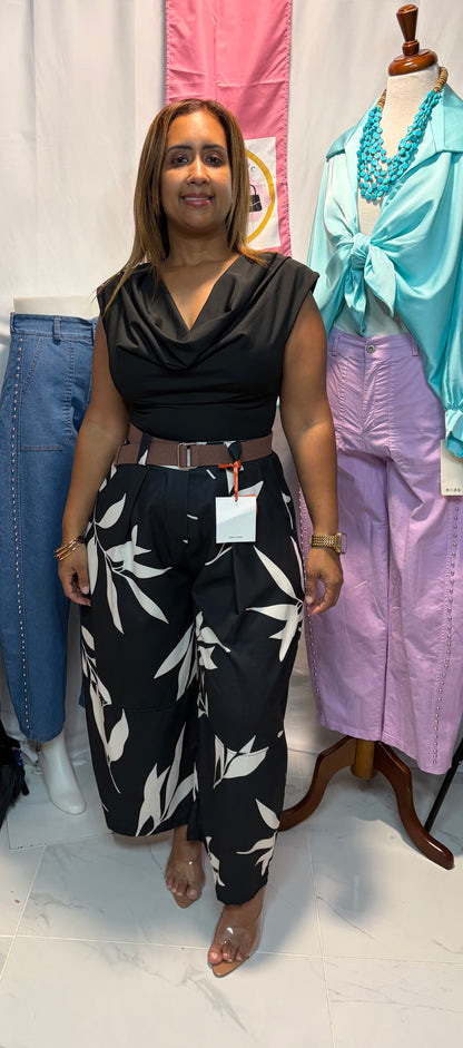 Italian Barrel Pant – Black & Ivory Leaf Print with Brown Belt