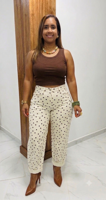 Shine Small Polkadots Brown jeans, ivory