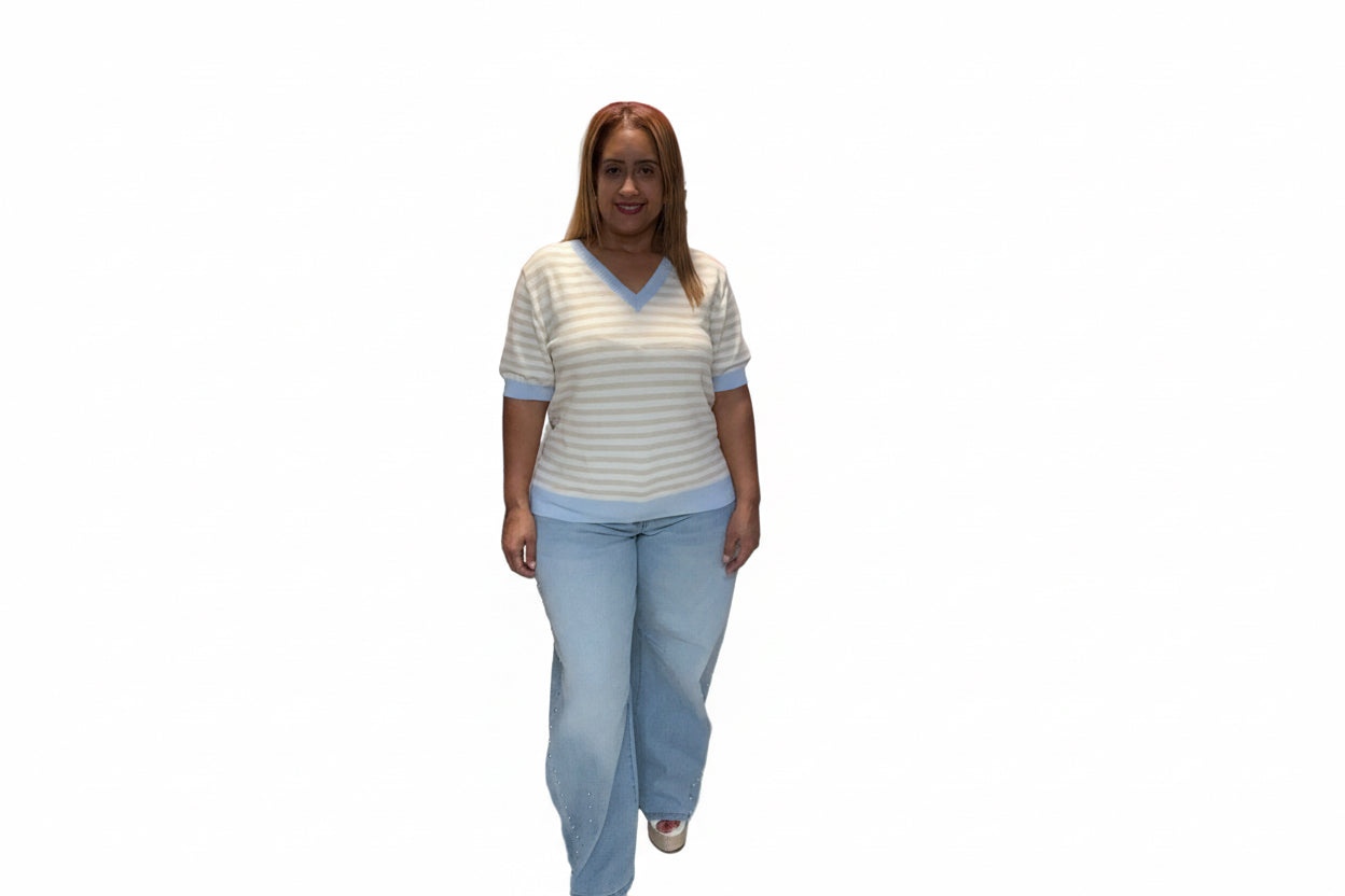 Sweater Italiano de Líneas Verticales Cuello V – Talla Única
