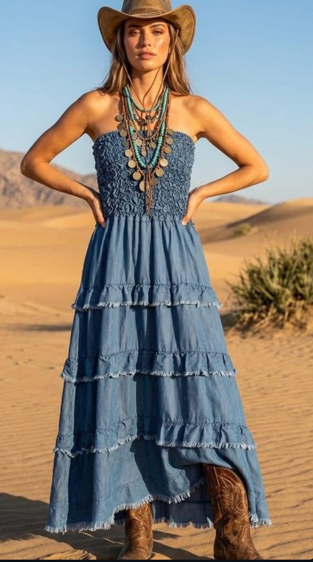 Denim Ruffle Midi Dress – Italian Sizing