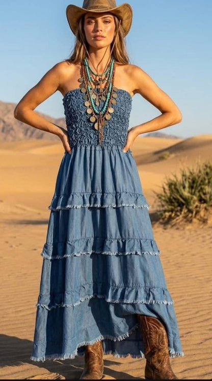 Denim Ruffle Midi Dress – Italian Sizing