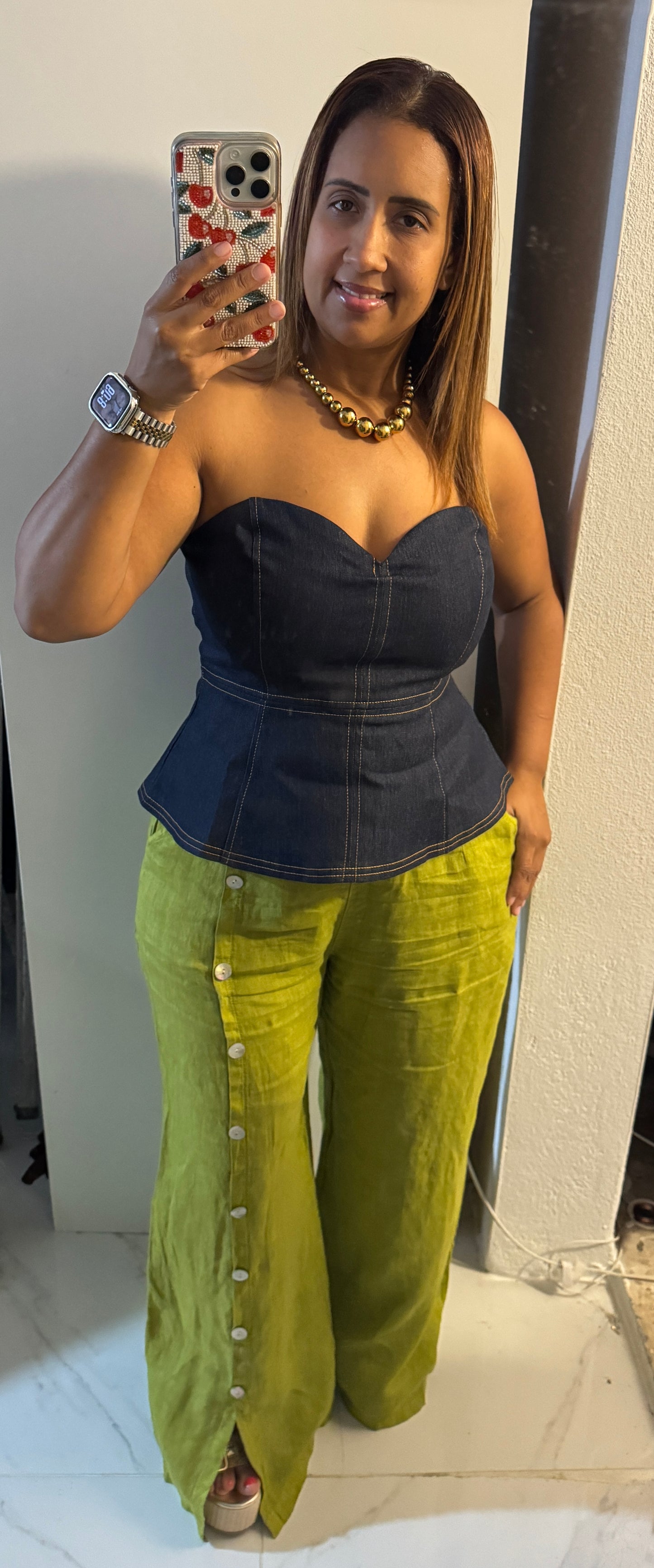 Top Peplum Off Shoulder de Mahón Oscuro con Cierre