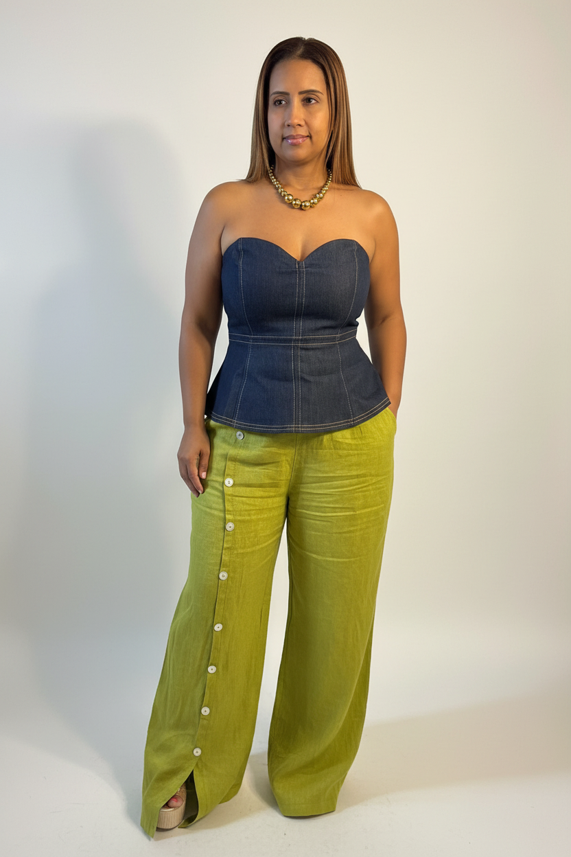 Top Peplum Off Shoulder de Mahón Oscuro con Cierre