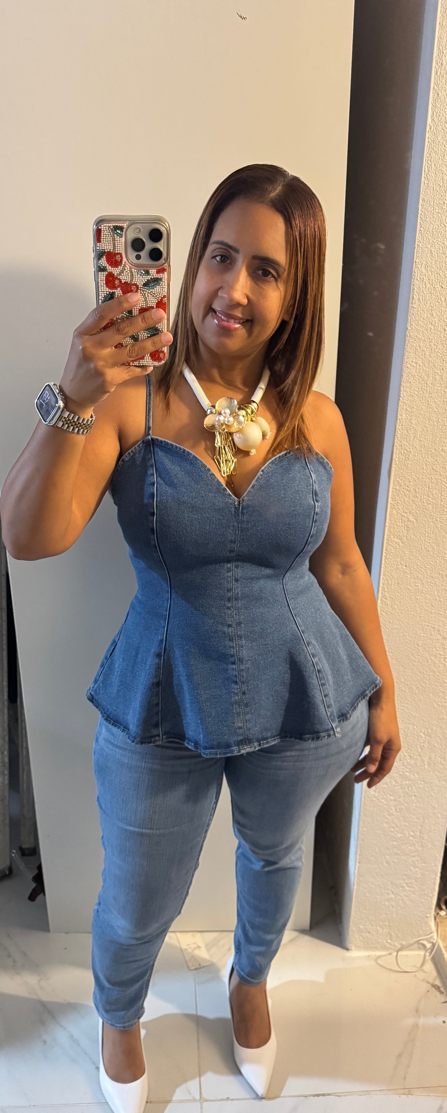 Top Peplum de Mahón Claro con Tirantes Ajustables