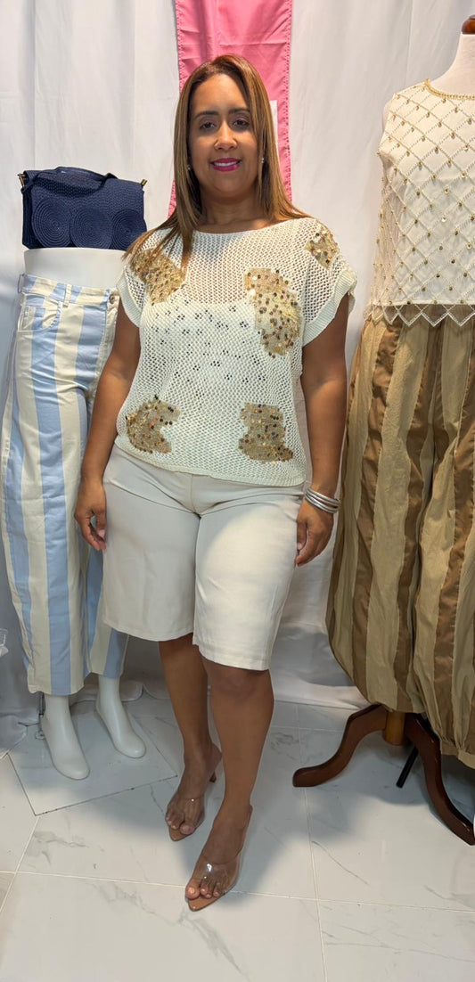 Camisa Tejida con Lentejuelas Doradas | One Size