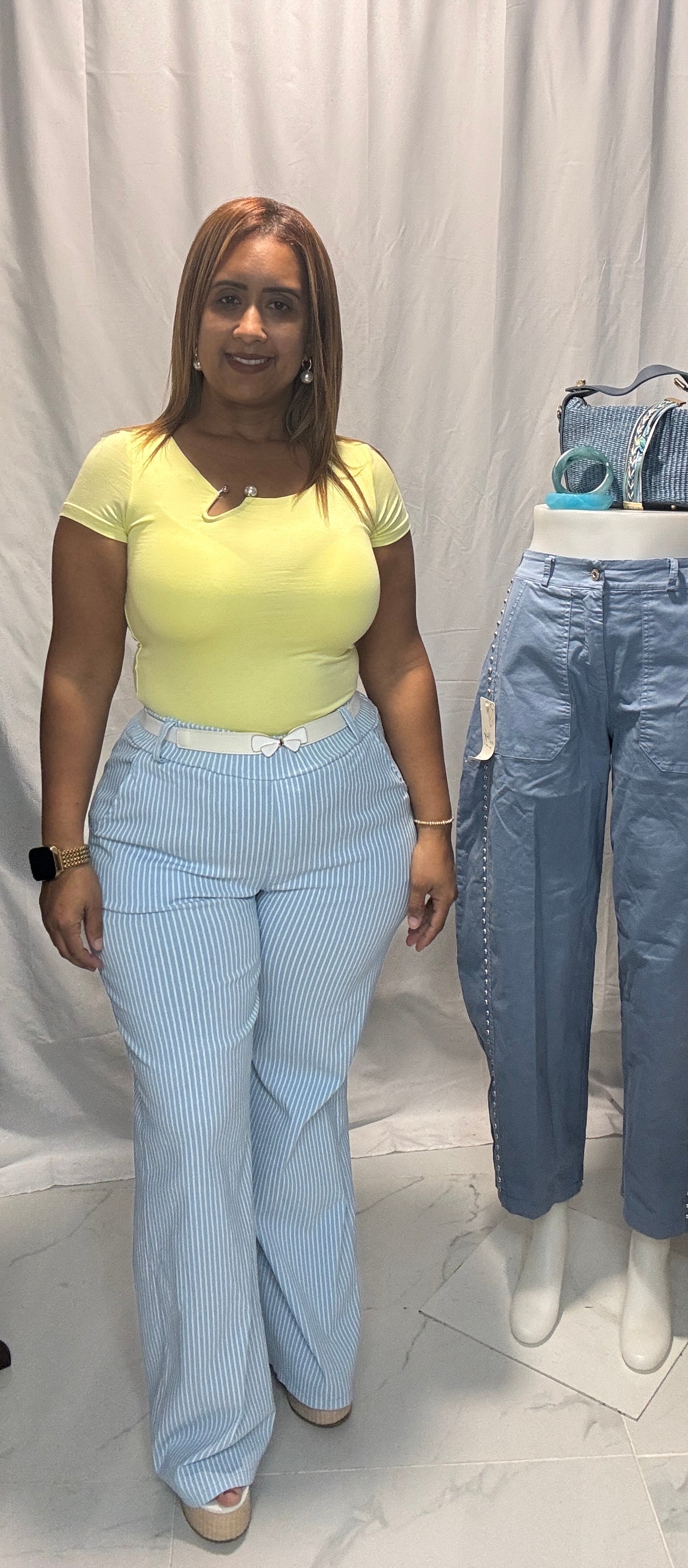 Pantalón Italiano de Rayas Blancas con Correa - One Size