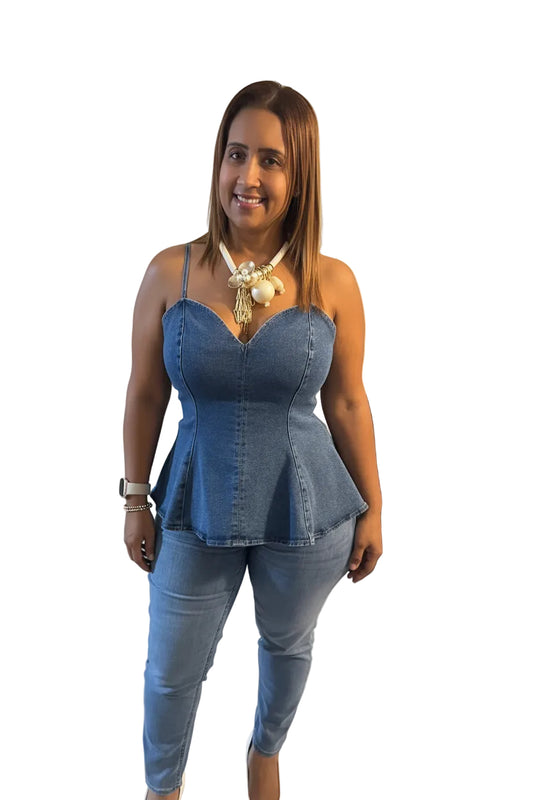 Top Peplum de Mahón Claro con Tirantes Ajustables