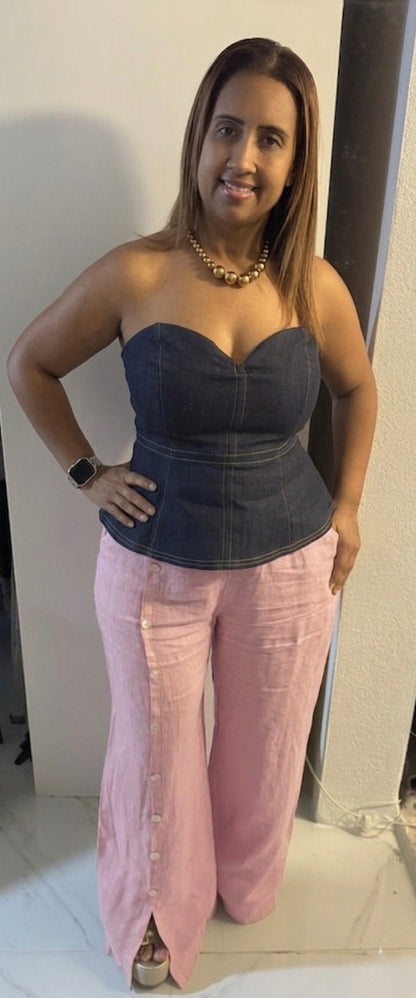 Top Peplum Off Shoulder de Mahón Oscuro con Cierre