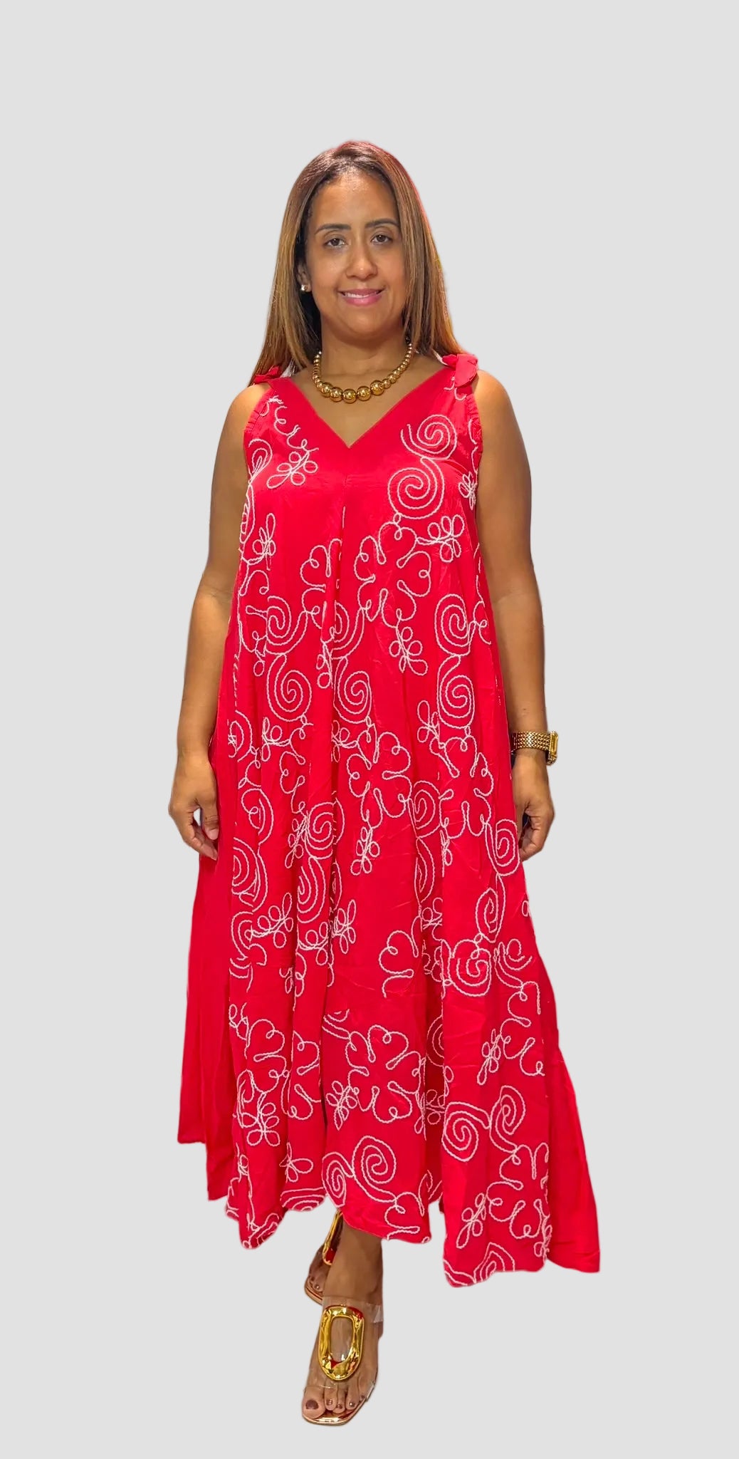 Italian Red Floral Embroidered Dress – One Size