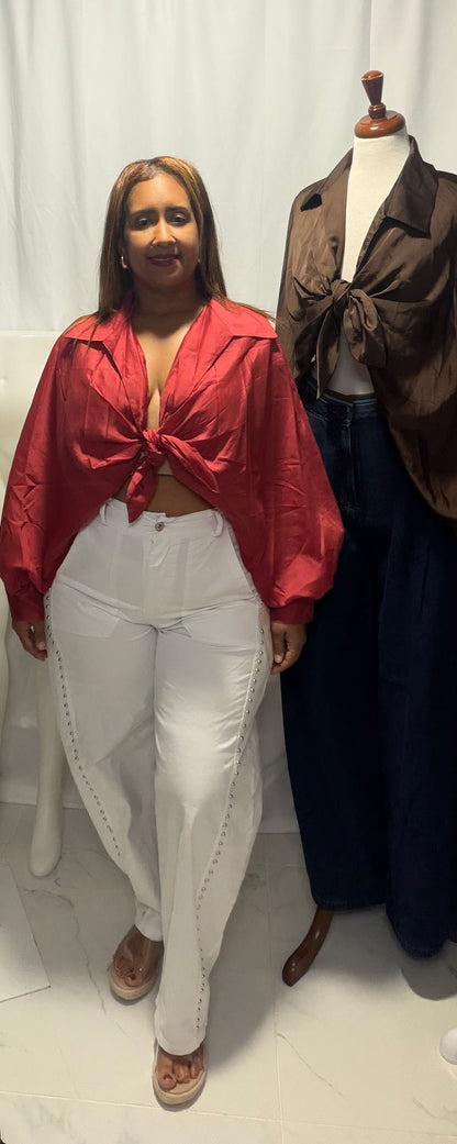 Blusa Tencel Manga Larga con Nudo - Made in Italy