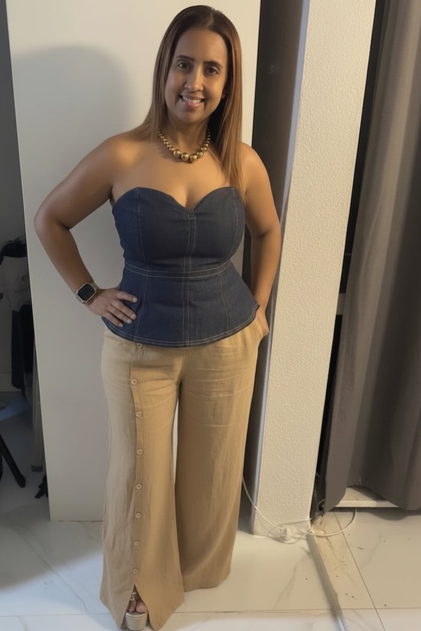 Top Peplum Off Shoulder de Mahón Oscuro con Cierre