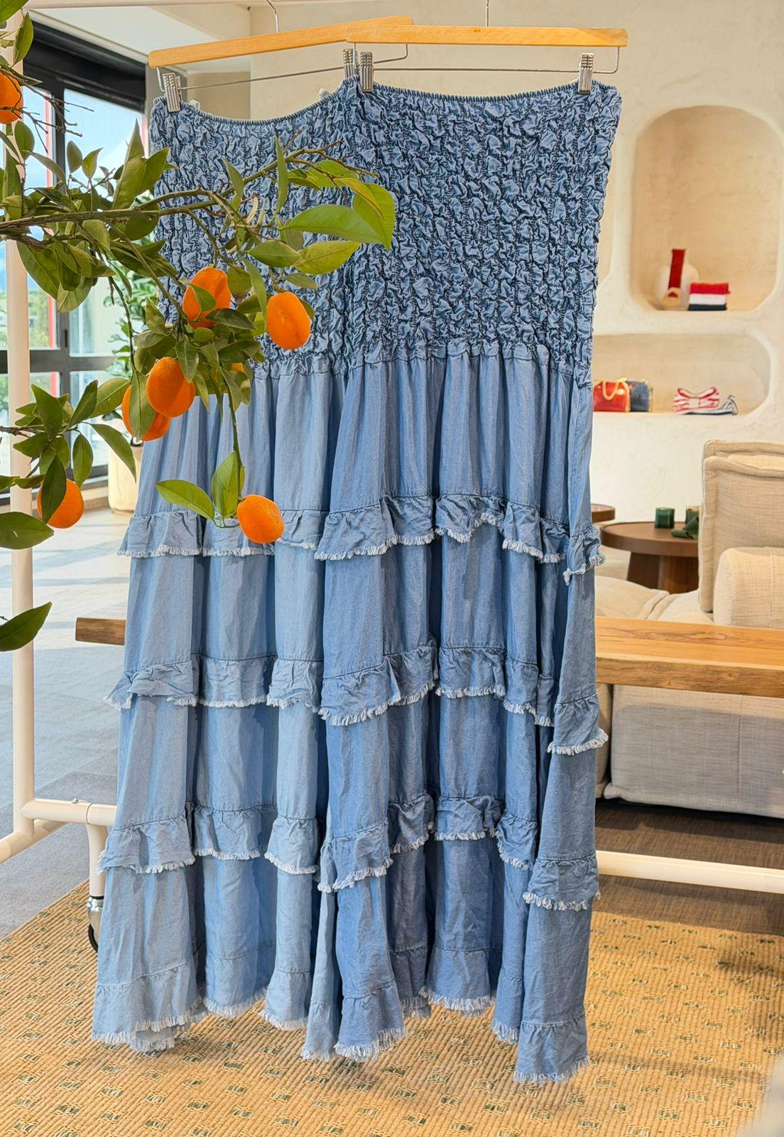 Denim Ruffle Midi Dress – Italian Sizing