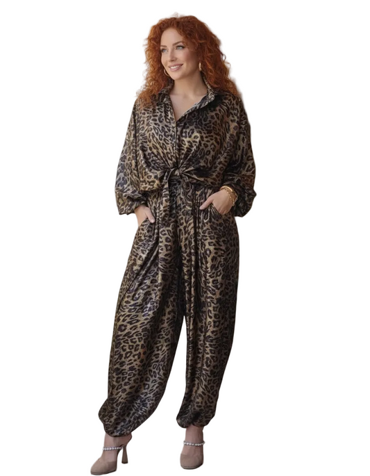 Set Leopardo Italiano- Pantalón estilo Aladin y Blusa manga larga