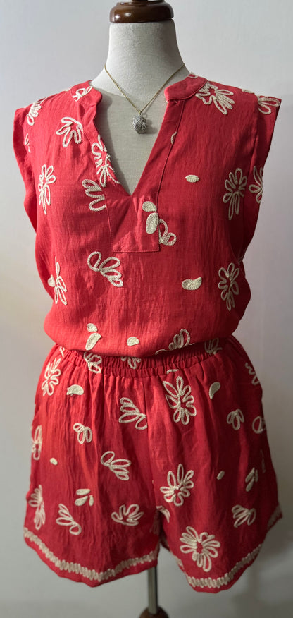 Coral Embroidery Short Set